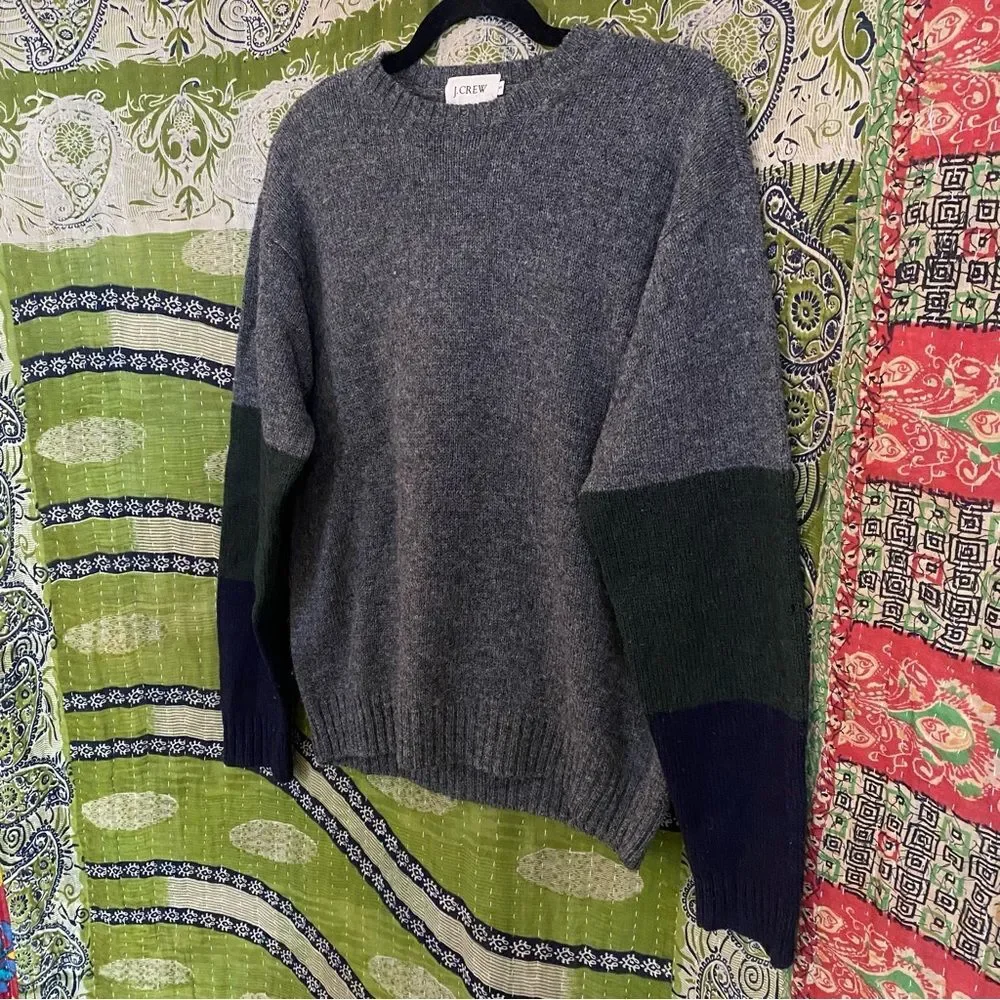 Vintage J. Crew Gray/ Colorblock 100% Wool Crewneck Pullover Sweater Size Small